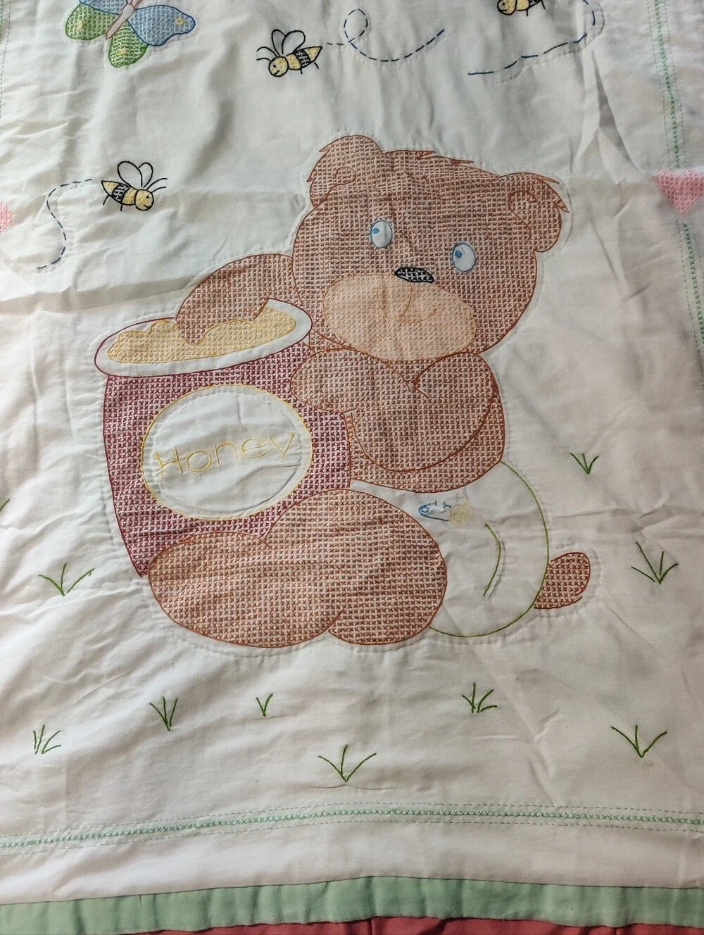 Cross Stitch Busy Bee Baby Blanket Embroidered Honey Bear Green Vintage Handmade